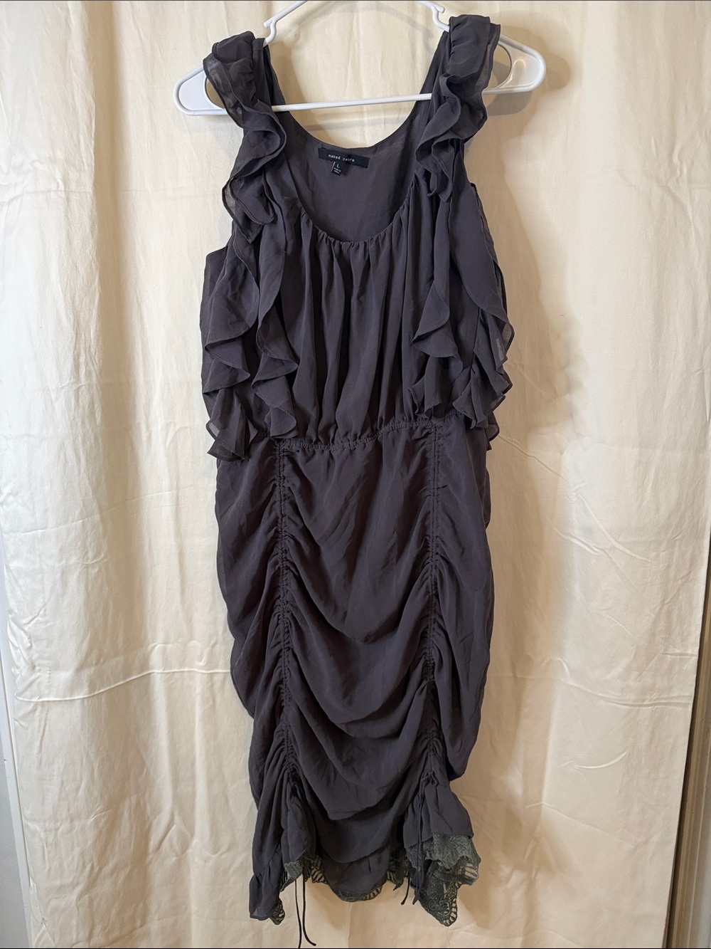 Naked Zebra Charcoal Ruffled Ruched Midi Dress